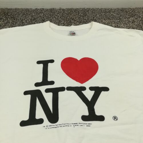 Vintage 1996 I Love NY New York T-Shirt Fruit of the Loom White Mens Large - Afbeelding 1 van 11