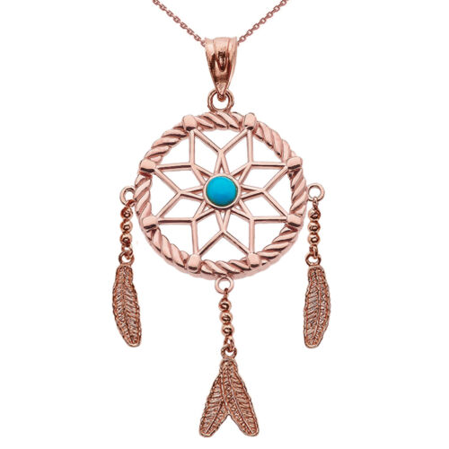 10k Solid Rose Gold Turquoise Flower Dream Catcher Pendant Necklace - Picture 1 of 2