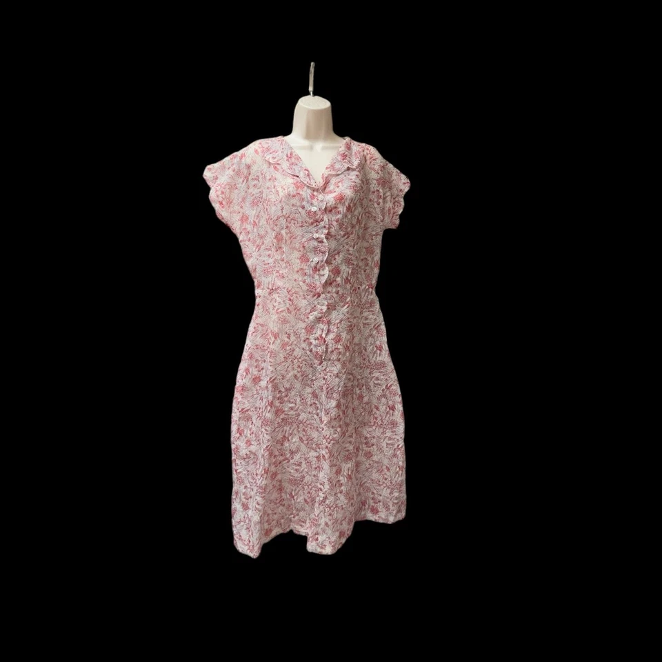 1950's Fit & Flare MCM Red Pattern Sheer Dress Lucite Rhinestone Buttons Sz M - Image 3 of 4