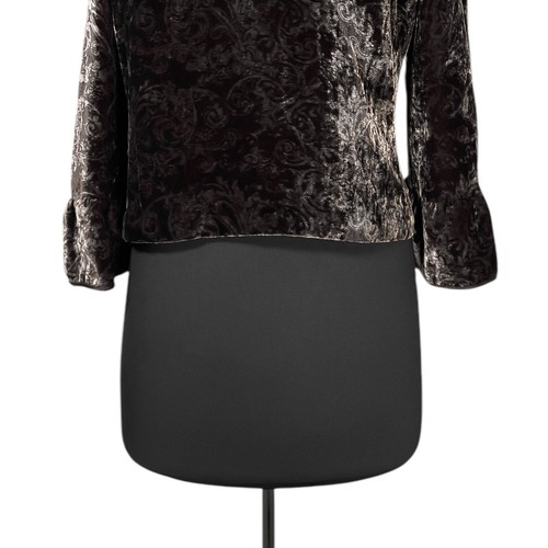 T Tahari Womens Jacket Brown Ruffle Collar Crushed Velvet Silk Blend Tie Front M - Picture 9 of 10