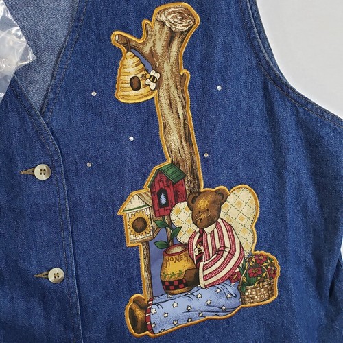 Vintage Quacker Factory Vest Womens 1X Denim Bears Patch Embroidered Grannycore - Picture 6 of 9