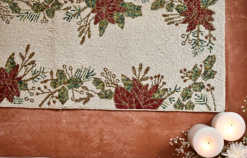 Christmas Beaded Table Runner Red White Poinsettia Luxury Home Décor 35x13 In - Picture 3 of 10