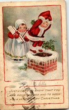 Very Young Santa & Mrs. Claus at Chimney with Gifts. Christmas postcard.