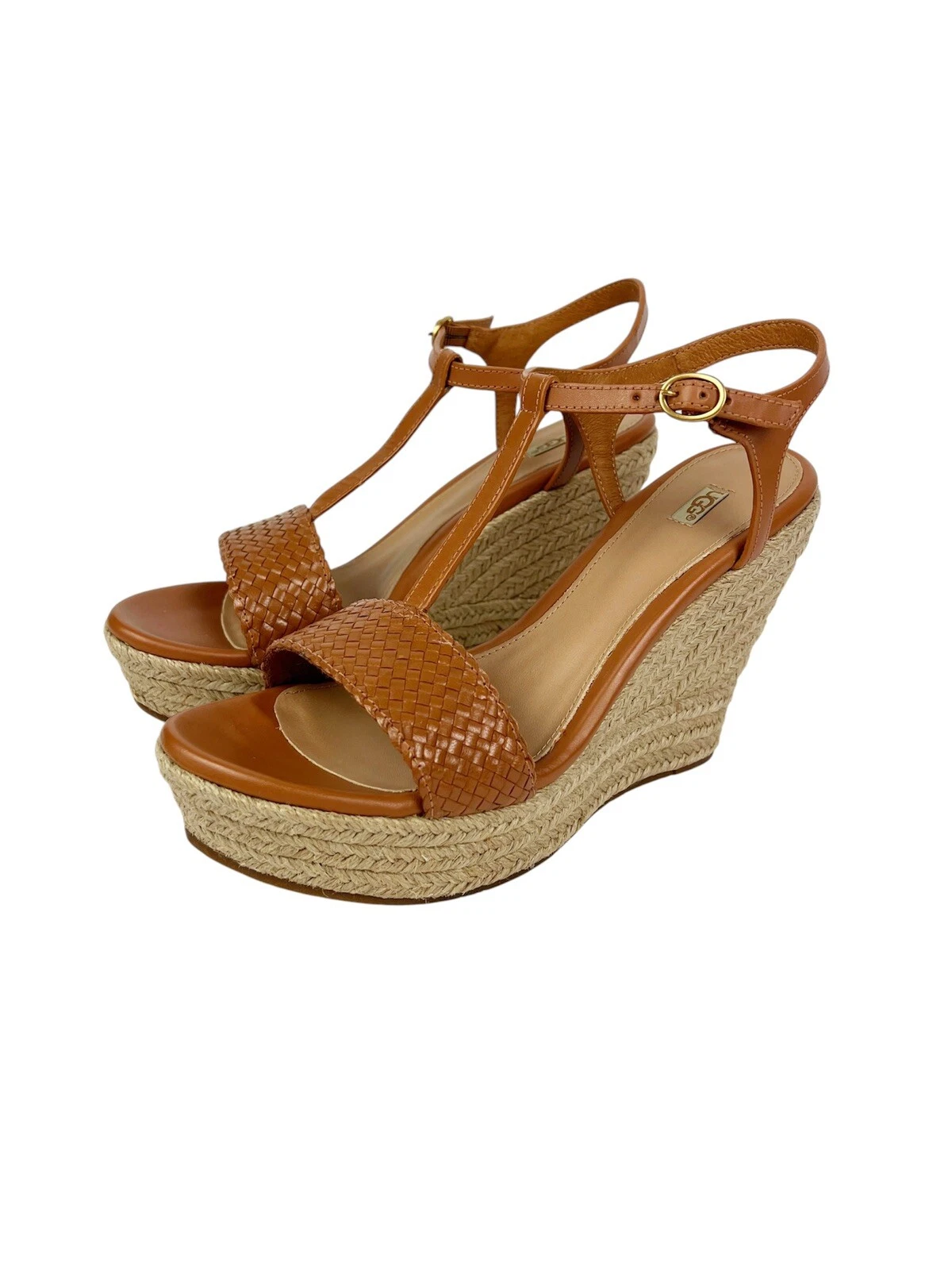 UGG Fitchie II Espadrille Wedge Sandals Brown Woven Leather T Strap Size 9