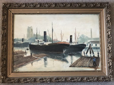 ANTIQUE DUTCH OIL PAINTING DORDRECHT HARBOUR WITH THE GROTE KERK, STEAMSHIPS.