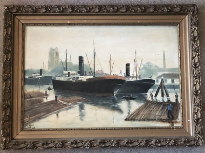 ANTIKES HOLLÄNDISCHES ÖLGEMÄLDE DORDRECHT HAFEN MIT DER GROTE KERK, DAMPFSCHIFFE.