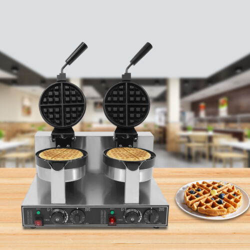 Commercial Dual Head Rotating Round Belgian Waffle Maker Non-Stick Breakfast 7" - Picture 3 of 12