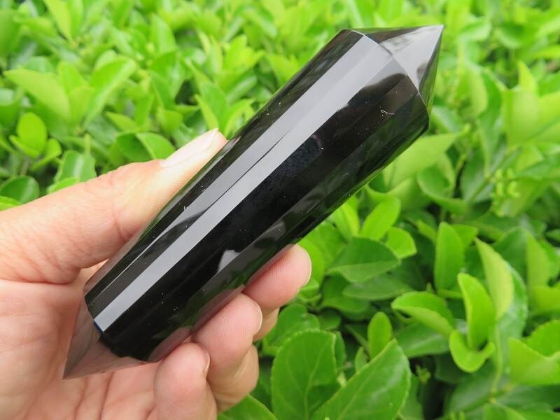 24 sided VOGEL Style  Natural Black Obsidian QUARTZ CRYSTAL DT POINT 118g