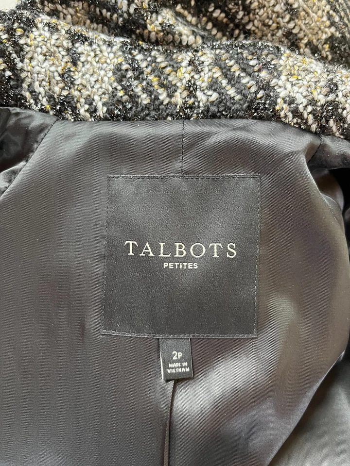 Talbots Size 2P Plaid Tweed Overcoat Button Front Lined Black Grey Metallic - Image 2 of 4