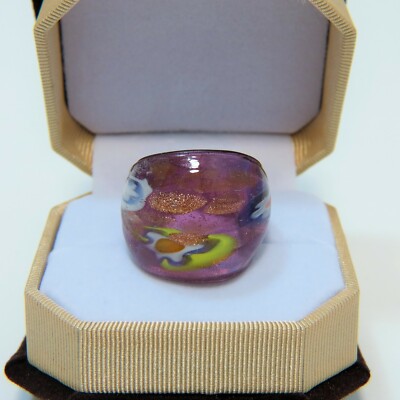 Boho Art Purple & abstract Floral theme Hand Blown Glass Bling Ring size 7.5