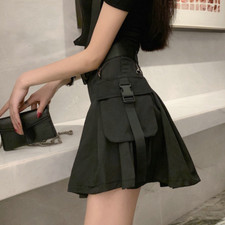 Cargo Gothic Women Skirt Punk Pleated Mini A-line Pocket High Waist Girl Black