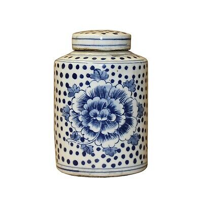 Chinese Blue White Ceramic Dots Flower Graphic Container Urn Jar ws834S Chinese Blue White Ceramic Dots Flower Graphic Container Urn Jar ws834S