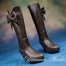 1/3SD BJD Shoes PU Leather High Heeled Long Boots Big Bow Retro Brown Female AOD