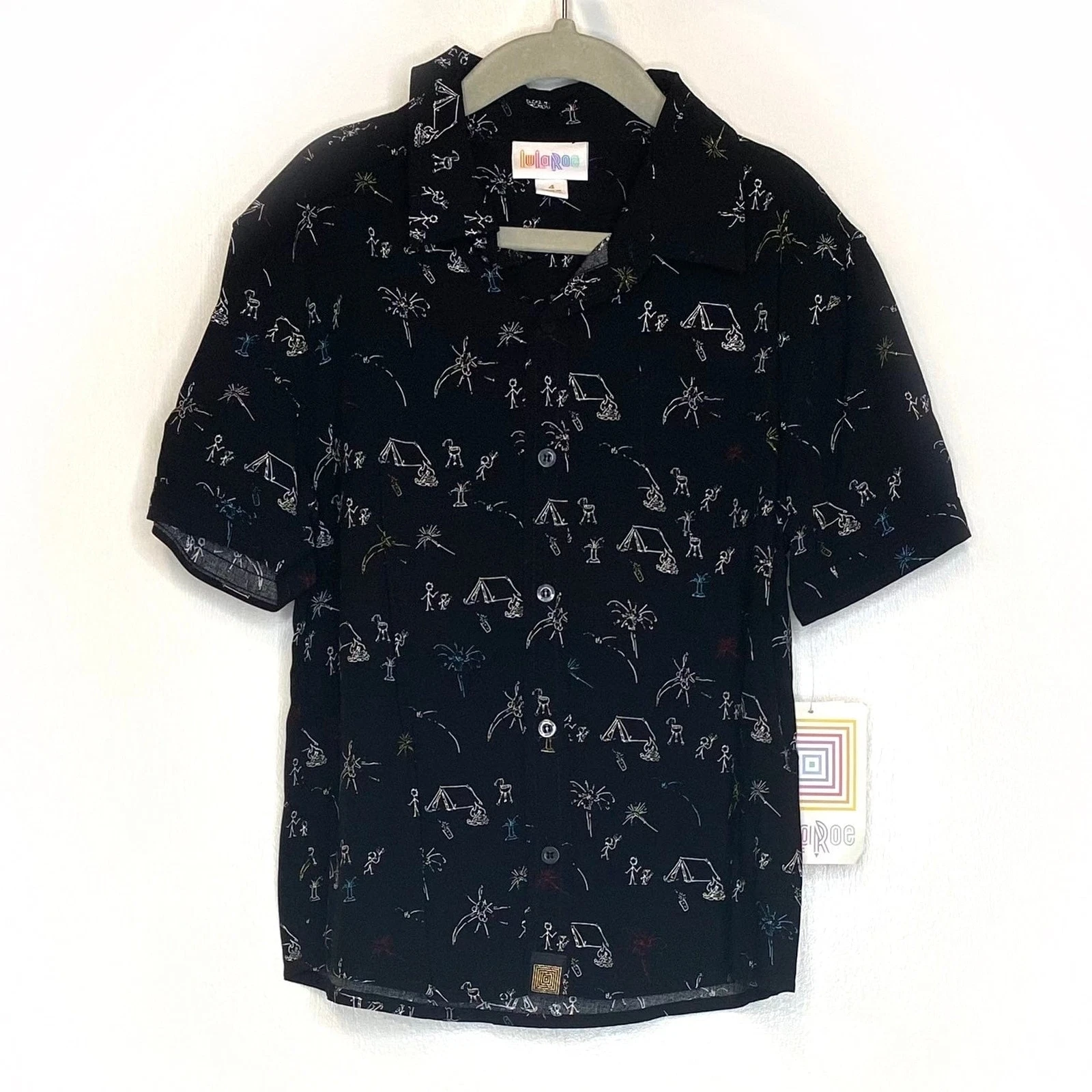 LuLaRoe Boys 4 Black Thor Camping Shirt S/S Button-Up NWT Unisex
