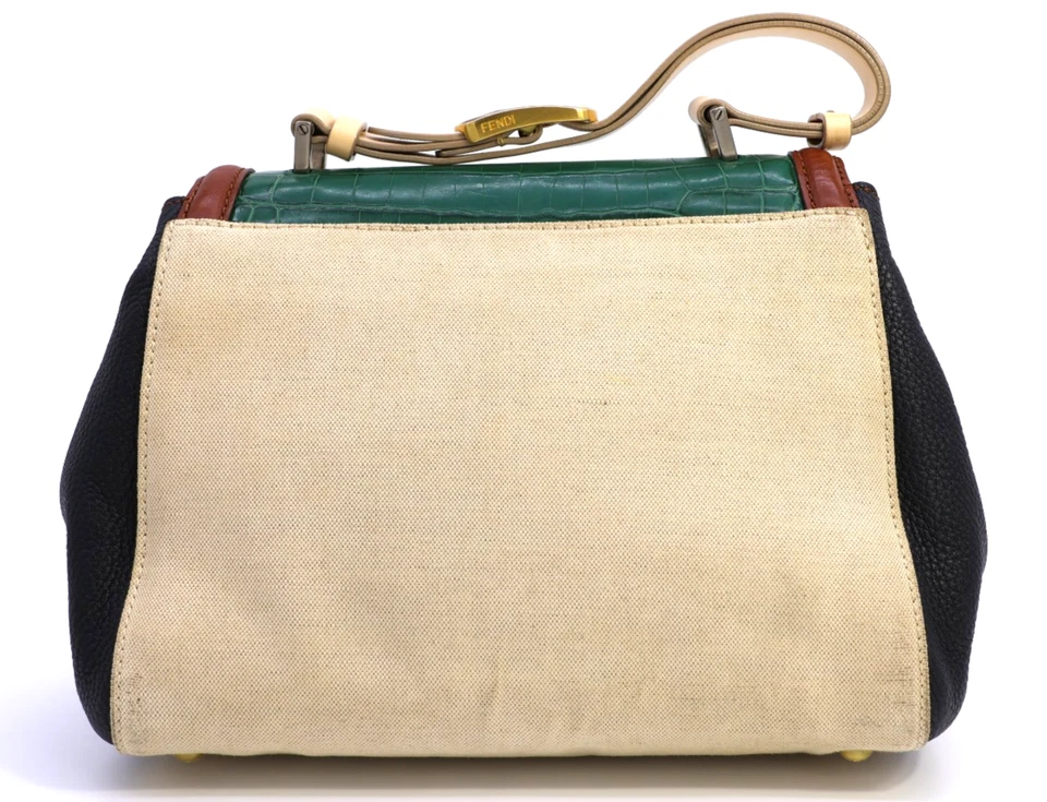 Auténtico bolso de mano Fendi Silverna cuero en relieve cocodrilo lona beige Foto 3 de 4