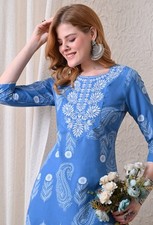 Women's Indian/Pakistani Embroidered Kurti Tunic Blue Mirror Work Cotton L