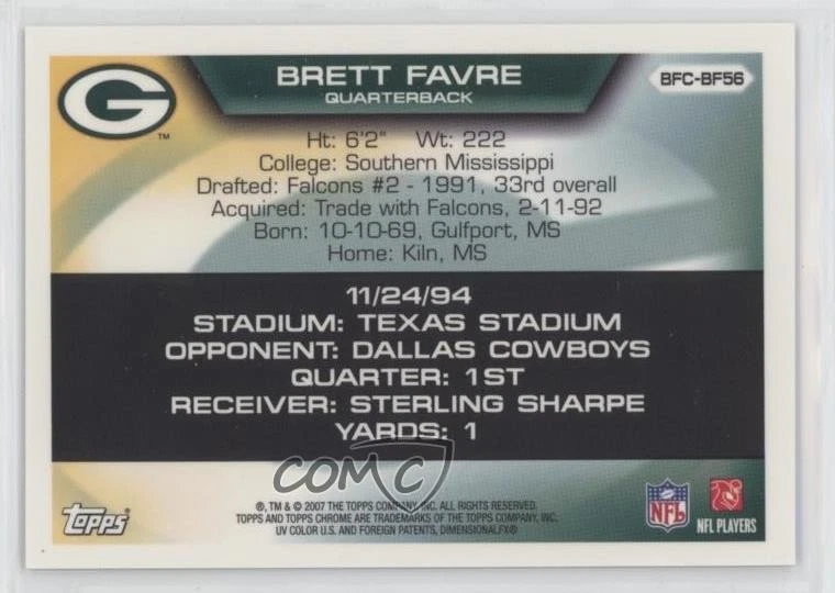 2007 Topps Chrome Multi-Year Issue Flight to 420 Brett Favre #BFC-BF56 HOF - Image 2 of 2