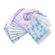 Womens Girls Cotton Handkerchiefs Assorted Wavy Edge Floral Hankies Fabric