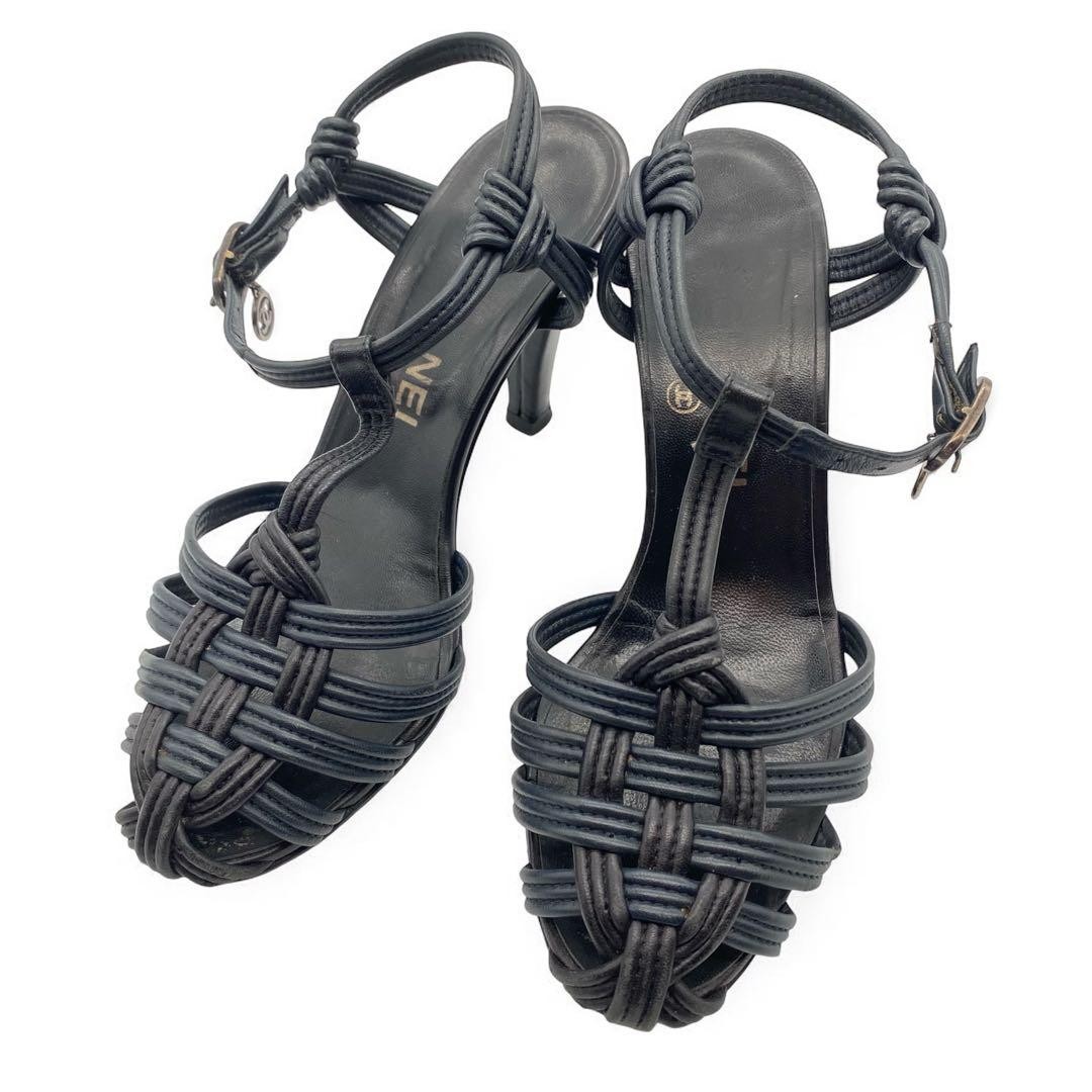 CHANEL Sandals Shoes Pumps Heel Cocomark EU 35.5 US 5.5 Leather Black Authentic