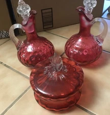 Vintage Fenton Cranberry Glass Cruet Oil And Vinegar Set