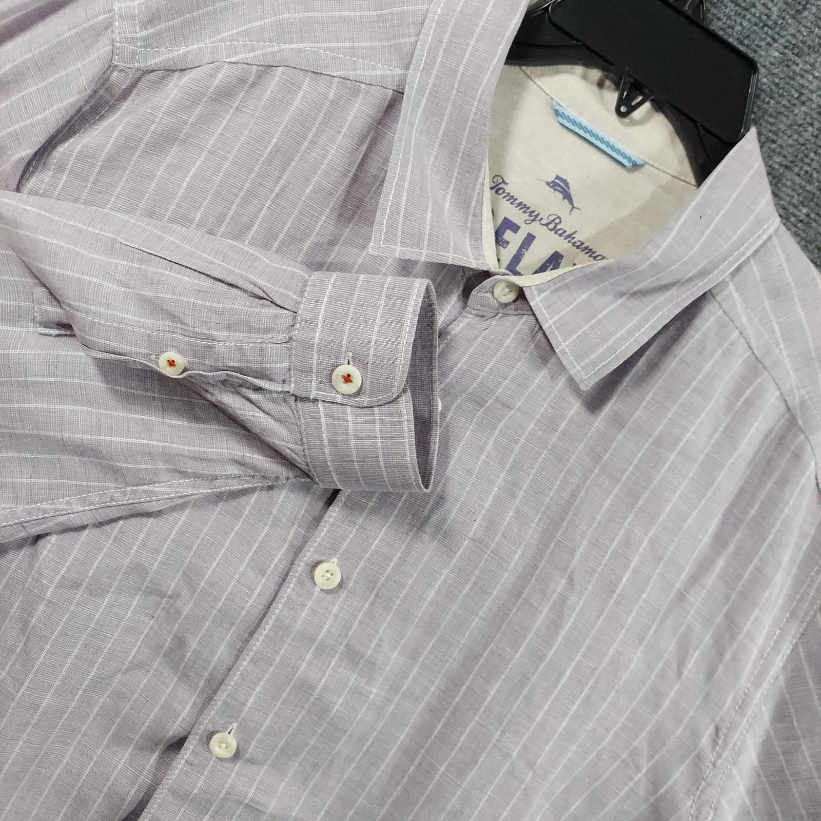 Tommy Bahama Shirt Mens Large Purple Stripe Long Sleeve Linen Relax Summer Beach
