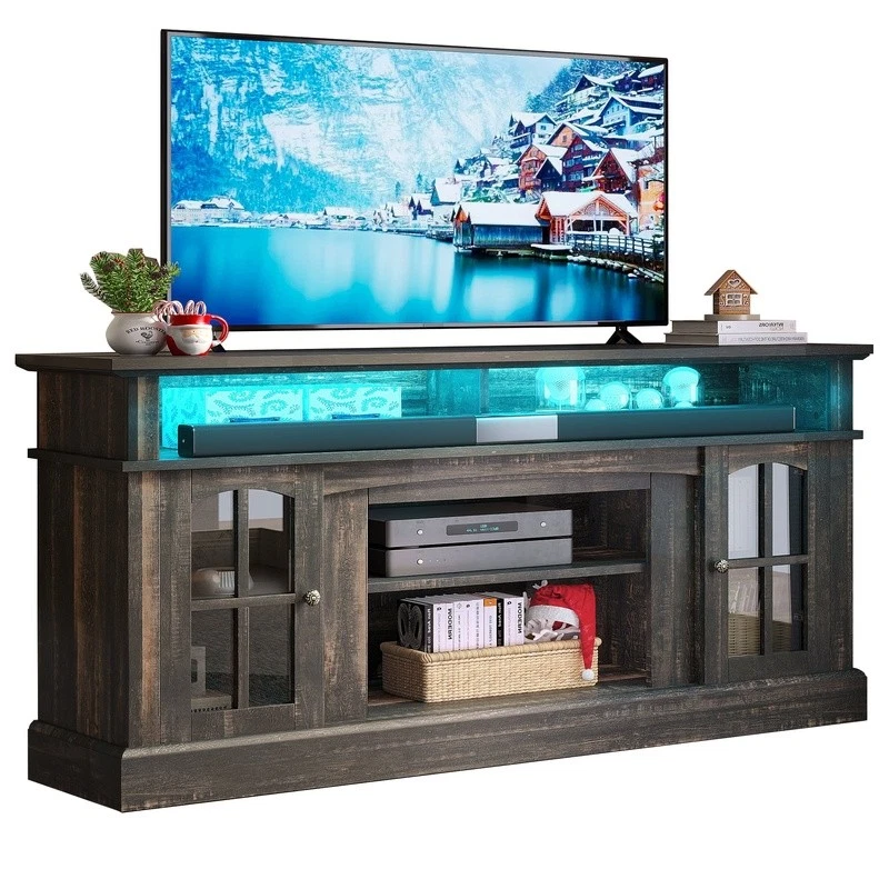 Durable TV Stand Tempered Glass Storage Rustic Oak Entertainment Center RGB LED - Image 4 of 4
