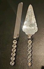 Wedding Reception Cake Knife Server Set Faceted Crystal Silverplate Stainless