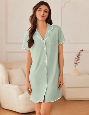 Ekouaer Nightgowns for Women Button Down Sleep Shirt Short Sleeve NightShirts Boyfriend Sleepdress Soft Pajama Dress Light Green XL