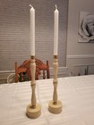 Set Of Cozy Soothing Khaki Glass Base Wooden Spindle Brass Cup Candle Holders — photo 7
