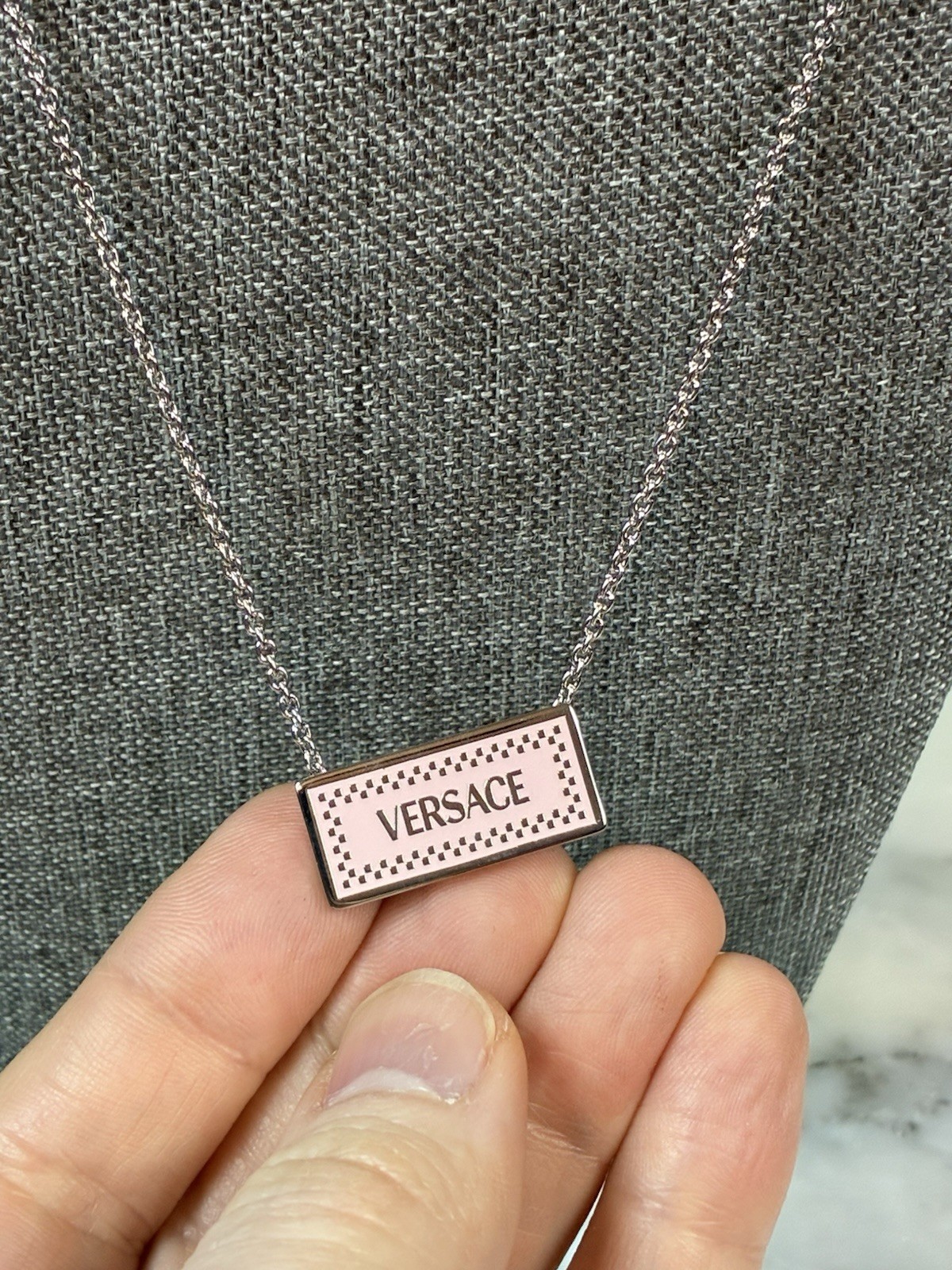 Versace Silver Metal & Pink Enamel Brand New 90’s Logo Necklace - w/ Jewelry Box