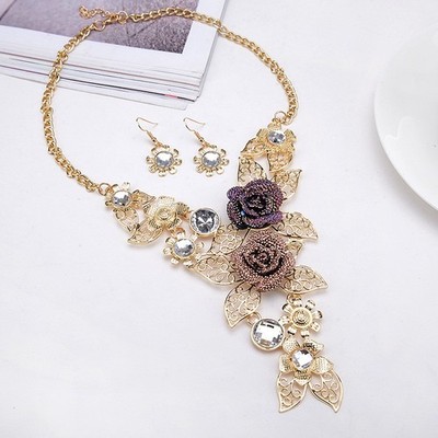 Damen Blume Halskette Ohrring Halsband Natur Boho Schmuck Gypsy Bohemian Set