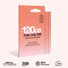 Three PAYG Mobile Broadband SIM Pre loaded with 120GB of Data that Lasts up to