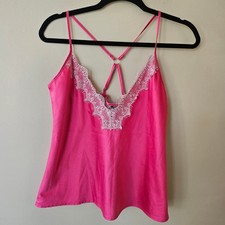 Frederick's of Hollywood Satin Camisole, Size Medium Pink Lace Trim Barbiecore