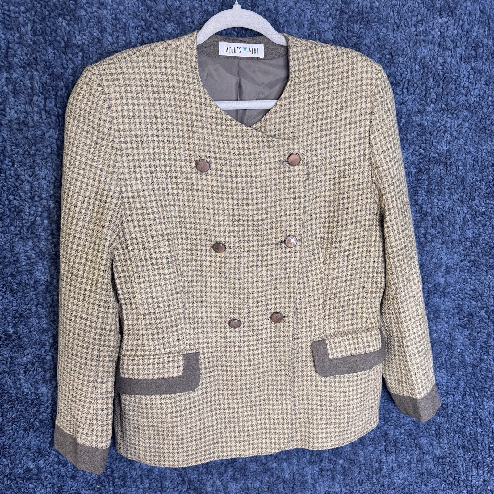 Vintage Jacques Vert Houndstooth Blazer – Wool Blend – Double Breasted – UK 14