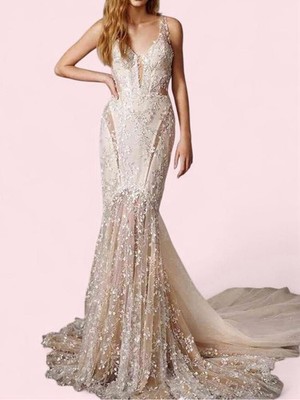 GALIA LAHAV BLAIR Mermaid Wedding Dress Train V-Neck Sleeveless Beaded Sequin