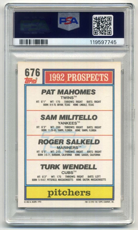 1992 Topps #676 Pat Mahomes Sr. Rookie Card RC PSA 9 Mint Minnesota Twins - Image 2 of 2