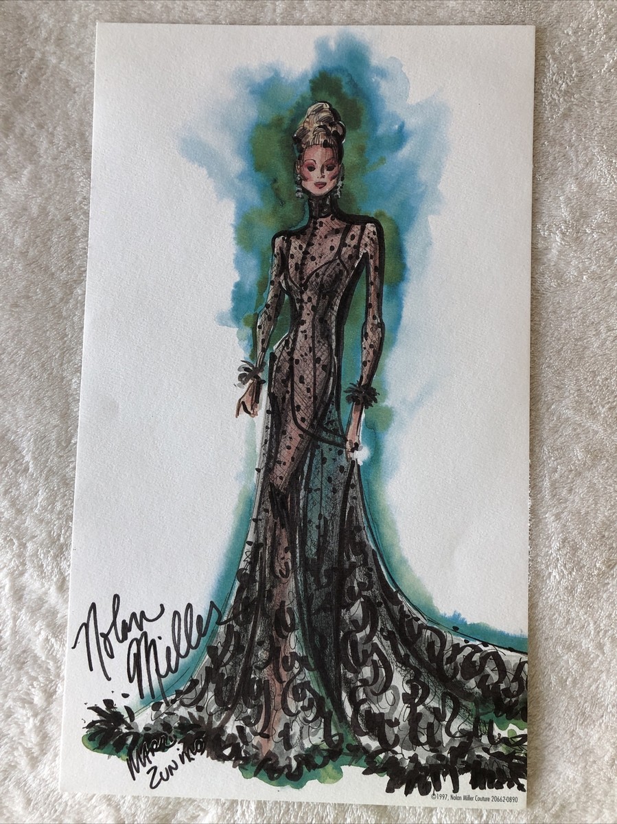 Nolan Miller Sheer Illusion Sheer Tulle Lace Gown First Barbie Doll Art Sketch