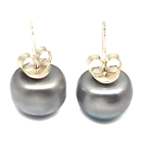 10 MM. Gray Pearl Earrings 925 Sterling Silver White Gold Plated - Picture 3 of 4
