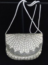 Silver beaded, small, white satin evening bag, shoulder bag, purse, 2386
