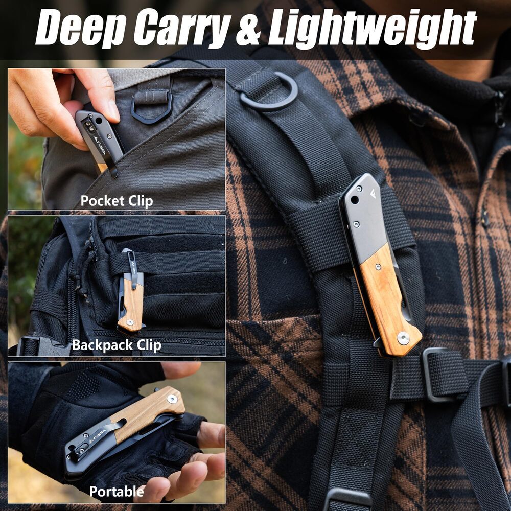 FLISSA Folding Pocket Knife SANDVIK 14C28N Steel Blade Olive Wood-Steel Handle