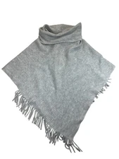 Chicos Cape Poncho Sweater Womens OS Light Gray Ribbed Knit Fringe Trim