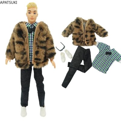 Leopard Kunstpelz-Kleidung für Ken Junge Puppe Outfits Jacke Hemd Schuhe Brille