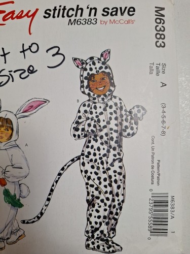 Cat Rabbit 3T 3 ONLY Costume Stitch N Save McCalls M6383 6383 Sewing Pattern Cut - Picture 2 of 5