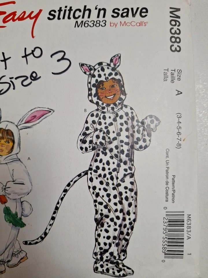 Cat Rabbit 3T 3 ONLY Costume Stitch N Save McCalls M6383 6383 Sewing Pattern Cut - Image 2 of 4