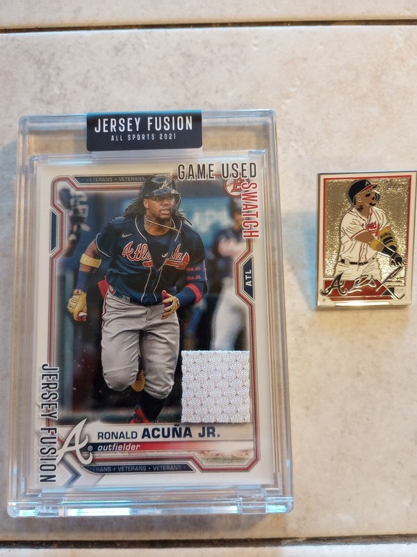 2021 Jersey Fusion Ronald Acuna Jr. Game Used Patch & 2023 Topps Collectors Pin