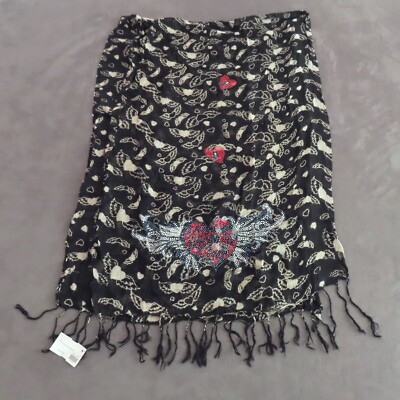 VTG Silver Dagger Brand Scarf Women Black Rhinestone Heart Wings Rectangle Y2K
