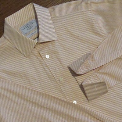 Charles Tyrwhitt Dress Shirt Mens 16 33 Slim Fit Non-Iron Orange White Stripe