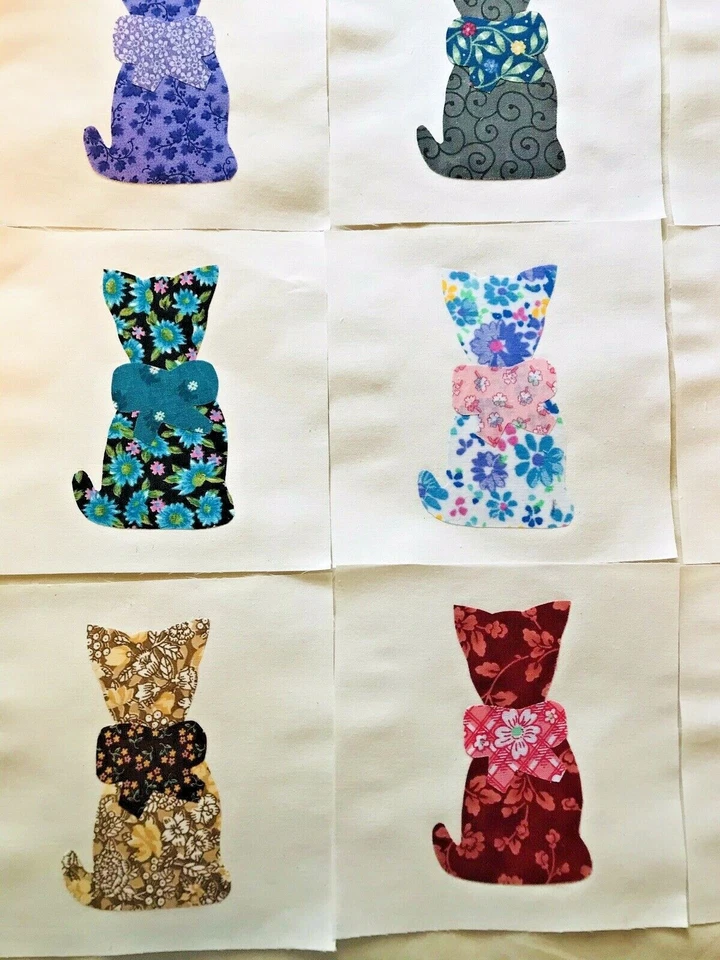 Lote de 9 apliques de tela de algodón bloques artesanales de colcha de 6" coloridos gatos con lazo Foto 2 de 3