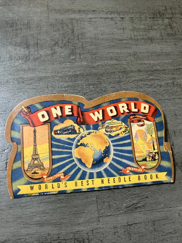 Antiguo soporte de aguja publicitaria de cartón One World "Mejores agujas de ojos dorados" Foto 2 de 4