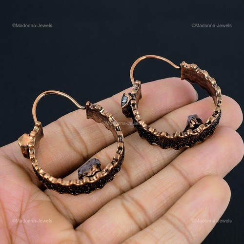Smoky Quartz Rough Copper Gift For Friend Electroformed Earrings 1.74 - Picture 4 of 6